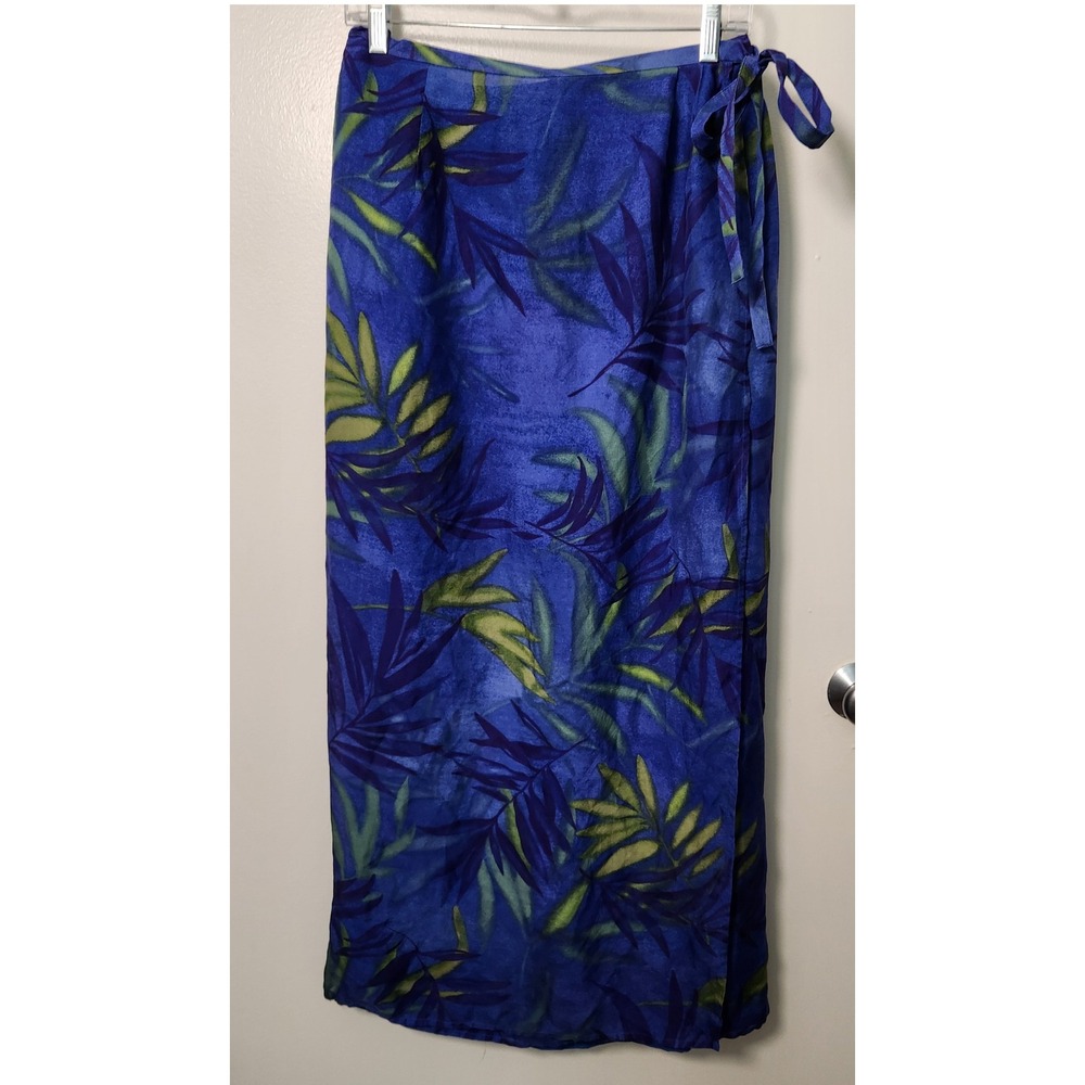 Valerie Stevens 100% Silk Blue Tropical Wrap Midi Skirt Large Resortwear‎